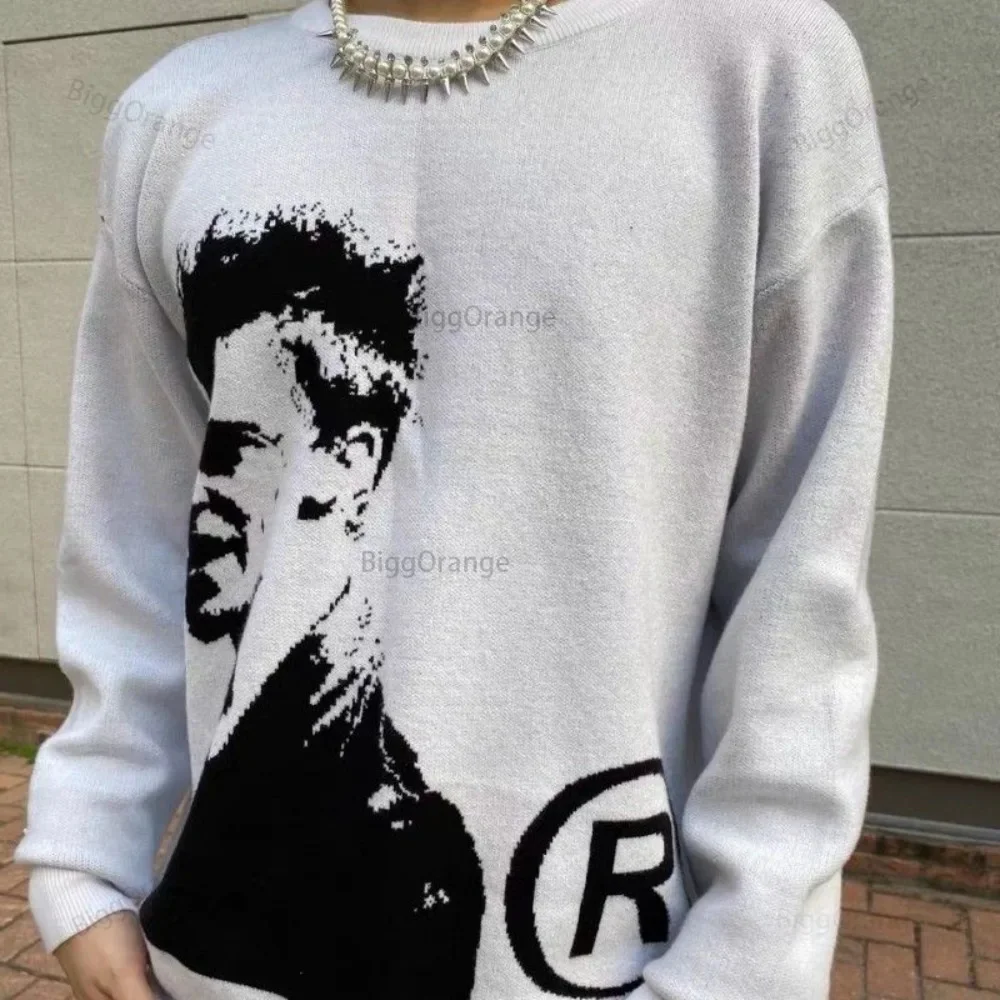 

Fashion Y2K Knitted Warm Loose Casual Portrait Print Sweater Retro Harajuku Round Neck Long Sleeve Pullover Warm High Street Top