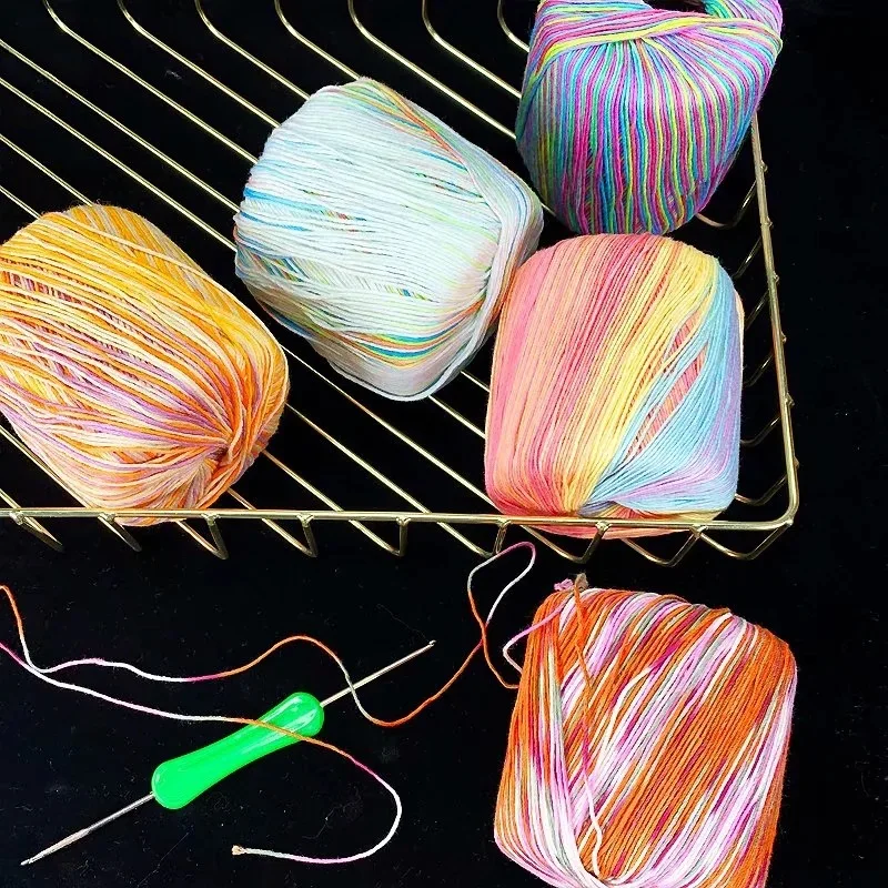 Cotton Lace Yarn for Knitting, Crochet Thread, Worsted 100% Algodon, Rainbow Color, Sweater Scarf, 40g, 3