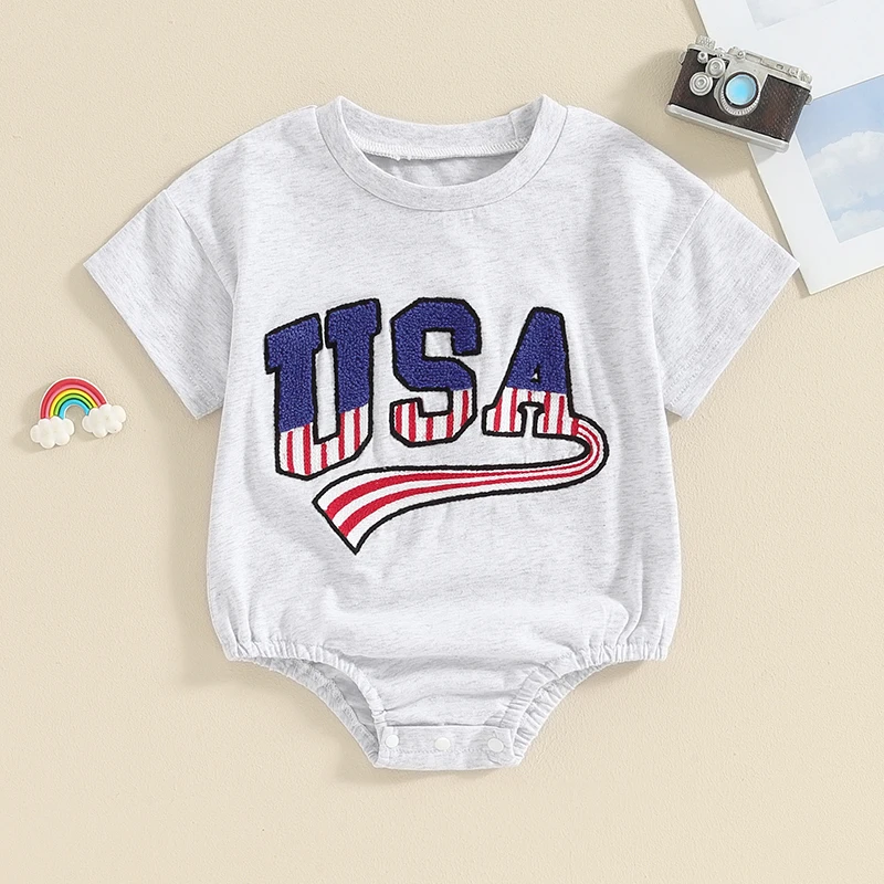 

2024-02-02 Lioraitiin 0-24M Baby Girls Boys Independence Day Romper Short Sleeve Crew Neck Letters Summer Bodysuit Clothes