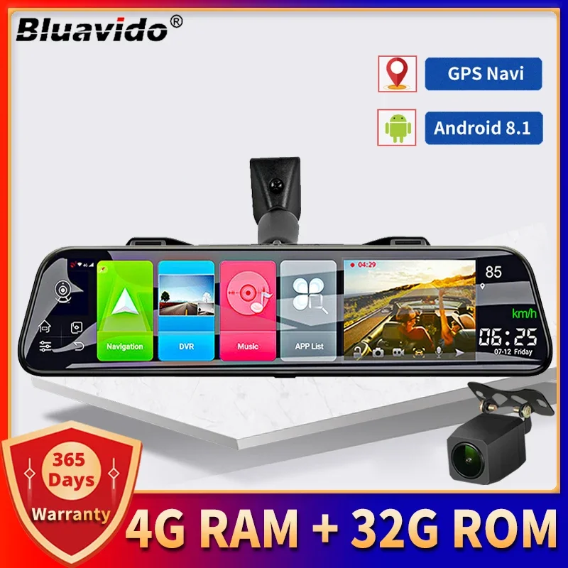 Bluavido 12" Car Rearview Mirror Dash Cam 4G Android 8.1 GPS Navigation Bluetooth WiFi Video Camera Recorder Remote Monitor DVR