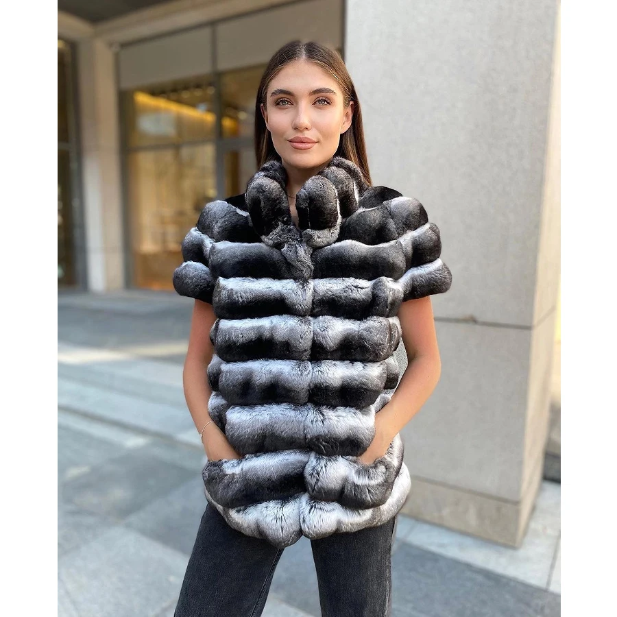 

Real Fur Coat Womens Chinchilla Fur Genuine Rex Rabbit Fur Coat Natural Fur Vest Luxury Ladies Short Jackets