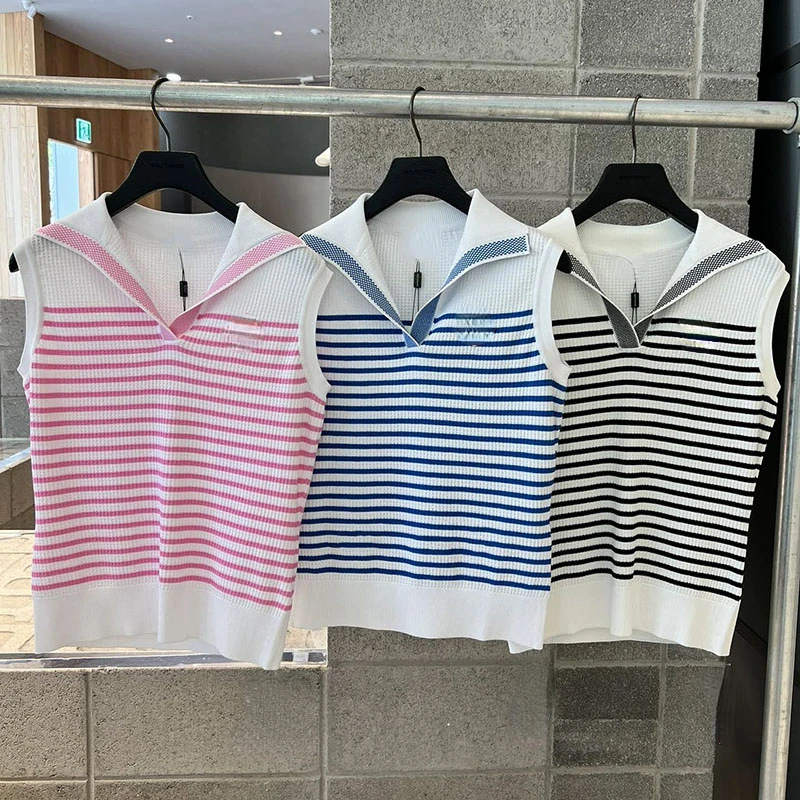 

2023 Summer New Golf Women's Breathable Knitted Vest Stripe Sleeveless Top Shirt