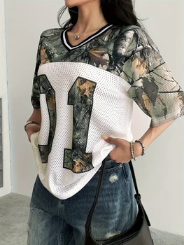 Summer Women's V-Neck Camouflage Letter Print Sport Quick-Drying T-Shirt, Breathable Mesh Loose Short-Sleeved Shoulder Top 1