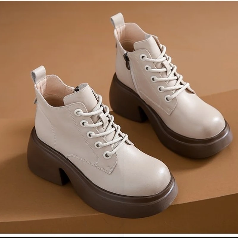 2024 NEW Fashion Casual Round-toe women's boots lace-up thick-soled boots women's handmade shoes retro women's shoes thick heels