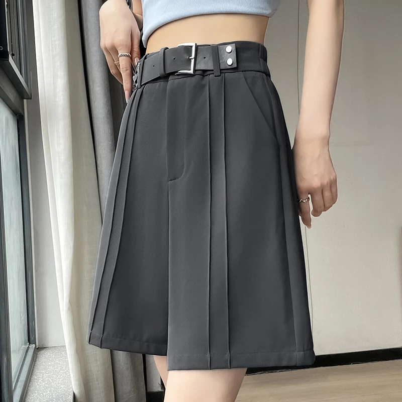 Korean Fashion Women's Summer Dressy Casual Elastic Waist Wide Leg Suit Tailored Shorts Comfy Elagant Work Trouser Shorts Belt