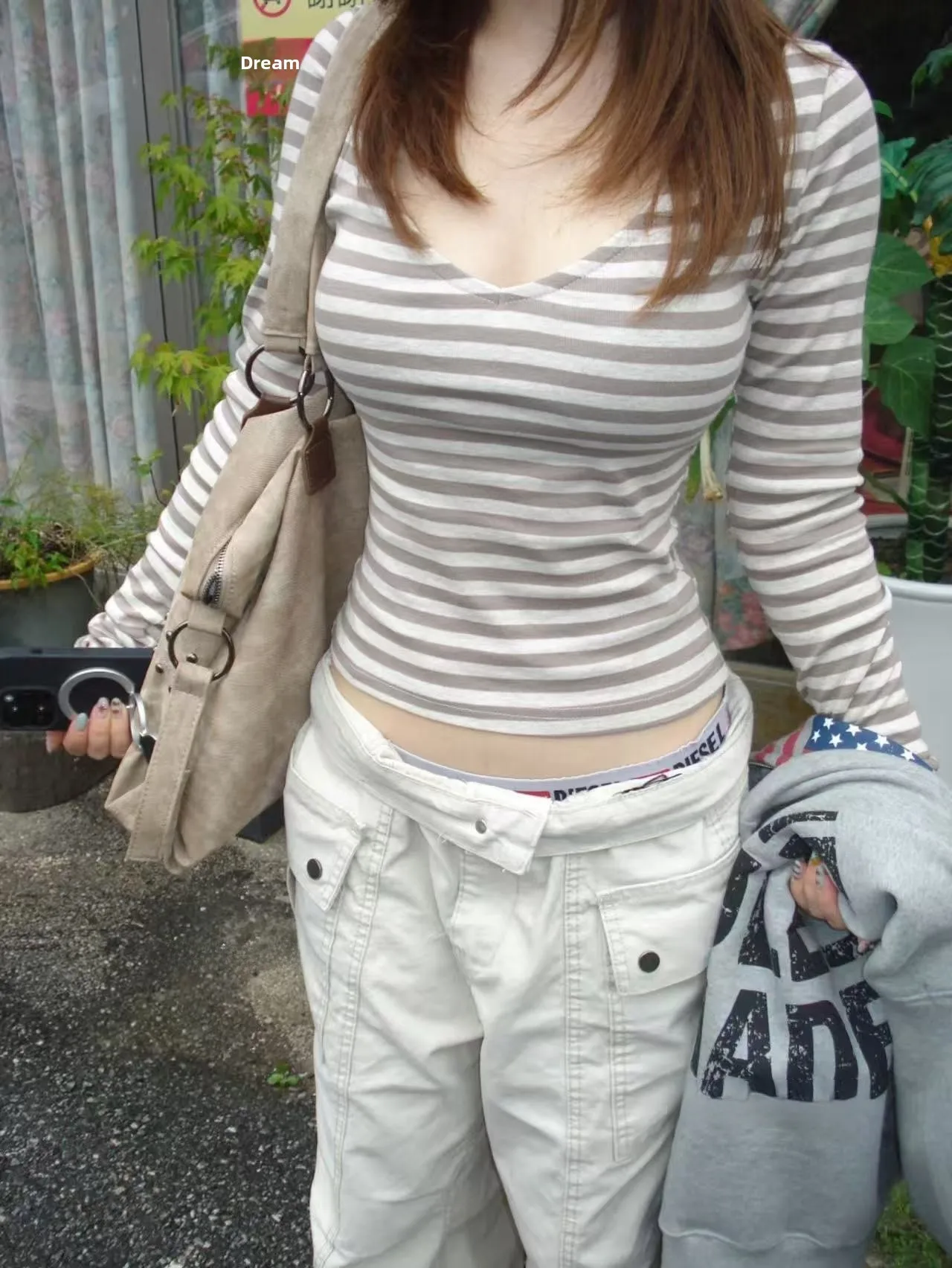 Unique SEI Korean Sle Long Sve T-irt Bal Cross Belted Slimming Stripe Top Commute Sle Pure Color V-ne oulder