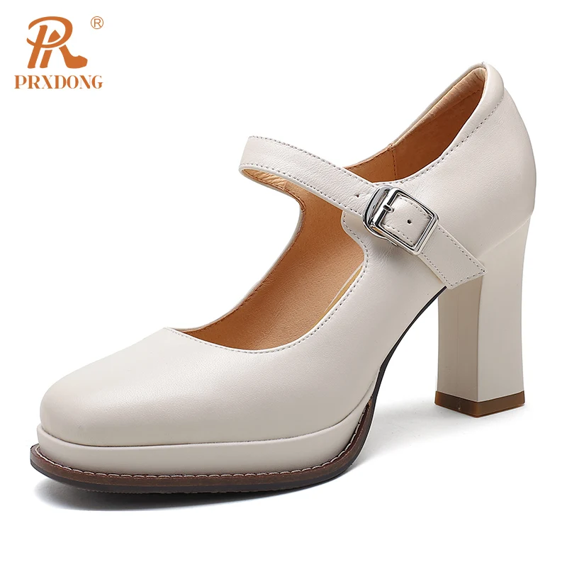 

PRXDONG Women's Shoes New Brand Spring Autumn Genuine Leather Chunky High Heels Platform Retro Mary Janes Dress Party Pumps 39