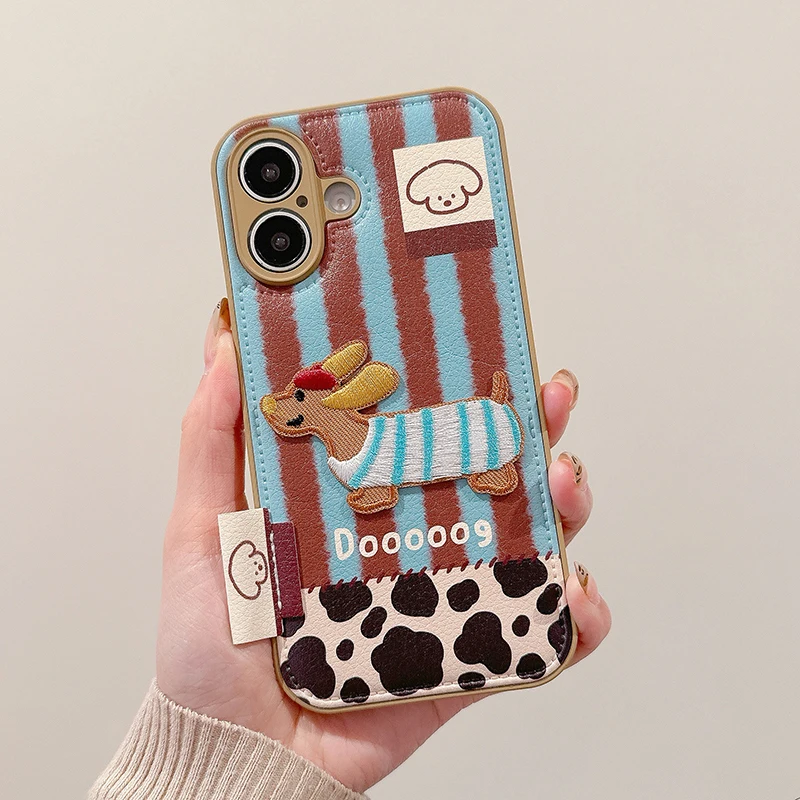 Lovely Embroidered Puppy Dog Leather Drum Bag Case For iPhone 11 12 13 14 15 16 Pro Max Shockproof Phone Back Cover