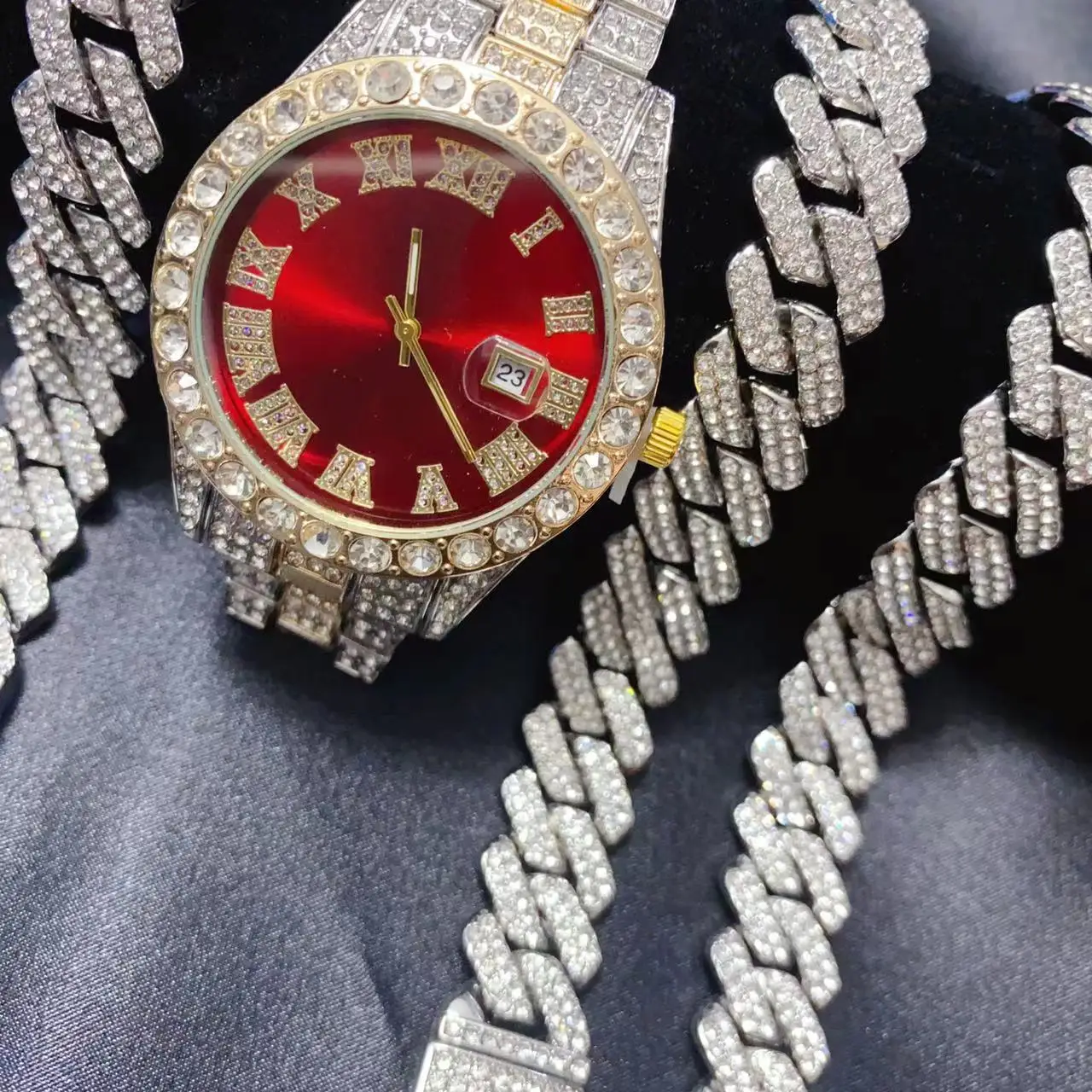 3PCS Calendario Hip Hop da donna da uomo Quadrante rosso Orologio Collana Bracciale Set di gioielli Bling Oro Sier Diamond Uomo Catena cubana_voghion.com