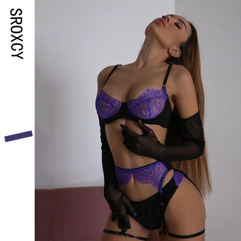 

SROXCY 4-piece Mesh Seethrough Lingerie Push Up Women Sexy Garter Strap Fancy Erotic Thong Underwear Suit Bra And Panty Set