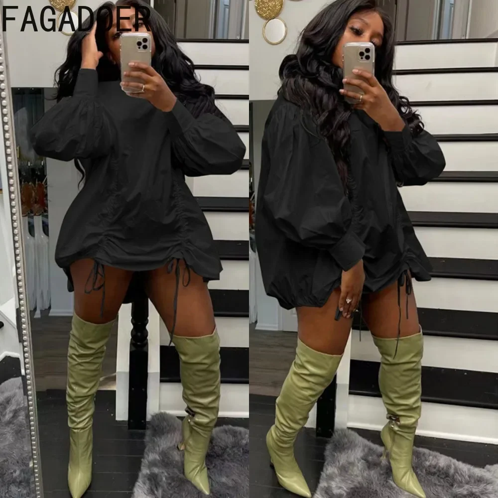 

FAGADOER Casual Solid Drawstring Design Shirt Dresses Women Round Neck Long Sleeve Ruched Mini Dress Fashion Loose Vestidos 2023