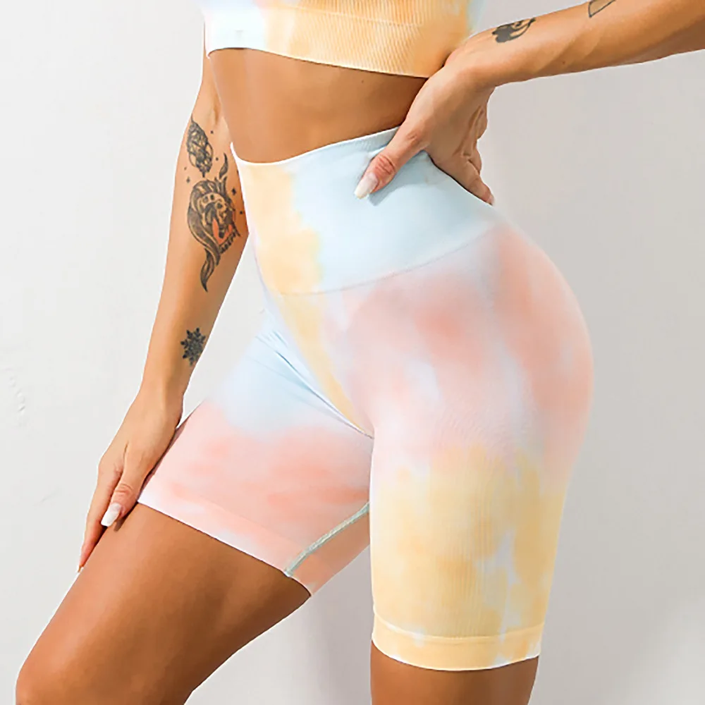 

High Waist Yoga TieDye Sportswear Set with Butt Lifting Leggings Dual Shoulder Straps Backless Yoga Bra and Shorts