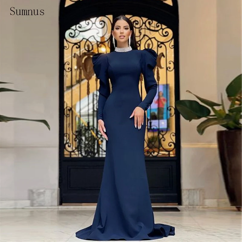 Sumnus Vintage Navy Blue Evening Dresses Full Sleeves Glitter High Neck Stain Long Mermaid Robes De Soirée Serene Hill Dresses