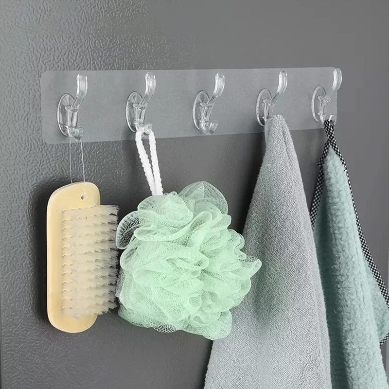 Transparent Plastic Hooks Kitchen Bathroom Six Rows Nail-Free Wall
