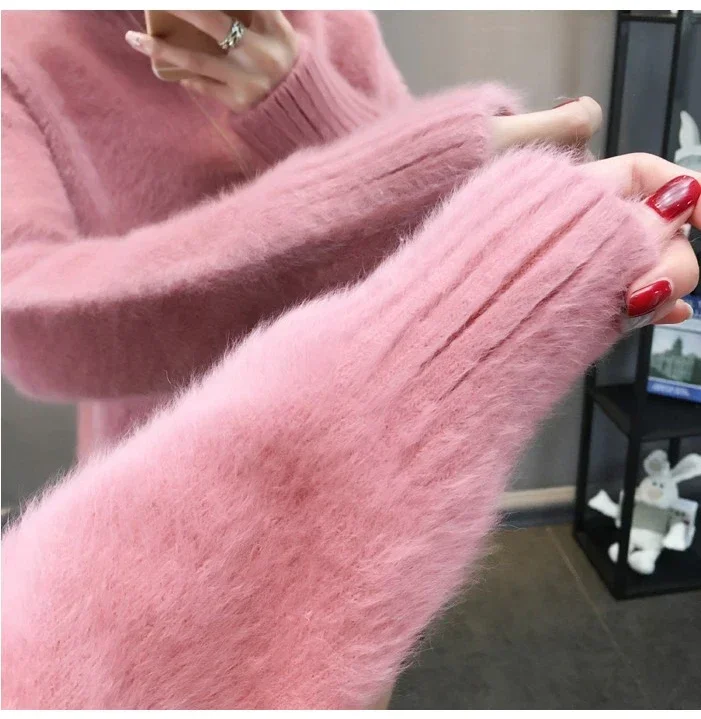 Winter Mink Faux Cashmere Thick Sweater Women Jumper White Pull Femme Loose Pullover Knitted Fluffy Sweaters For Women Winter
