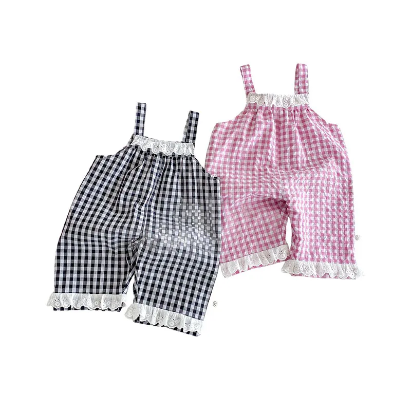 Girls Summer Grid Casual Pants with Lace Details