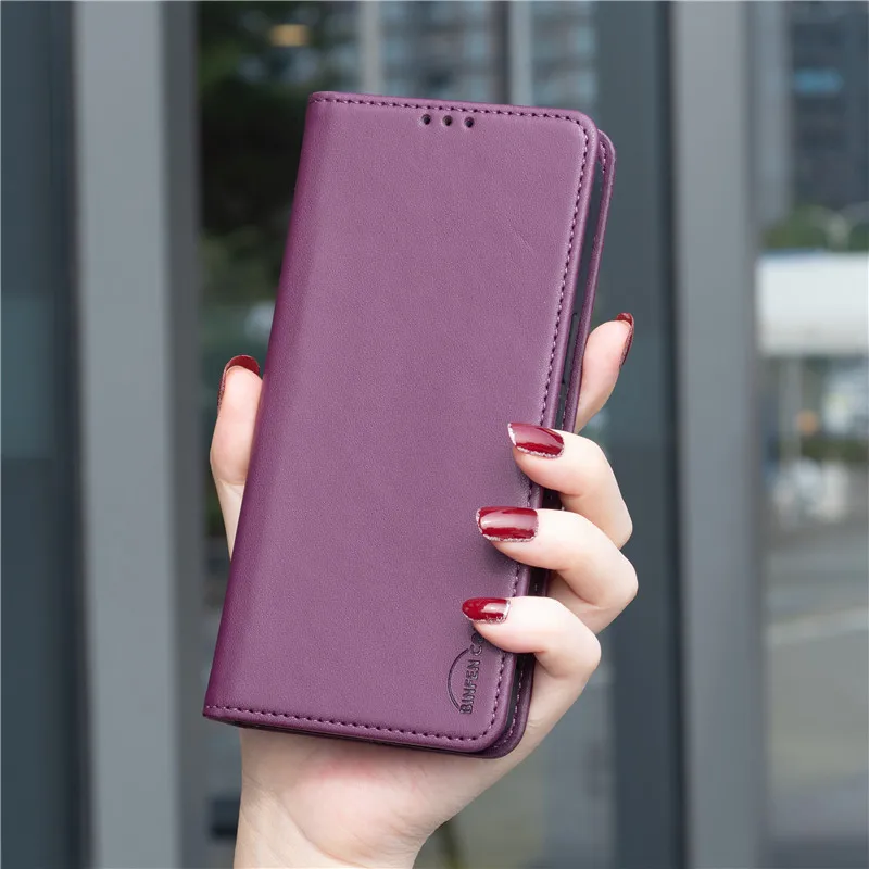 Luxury Leather Flip Phone Case with Magnetic Cover and Solid Color Wallet Design