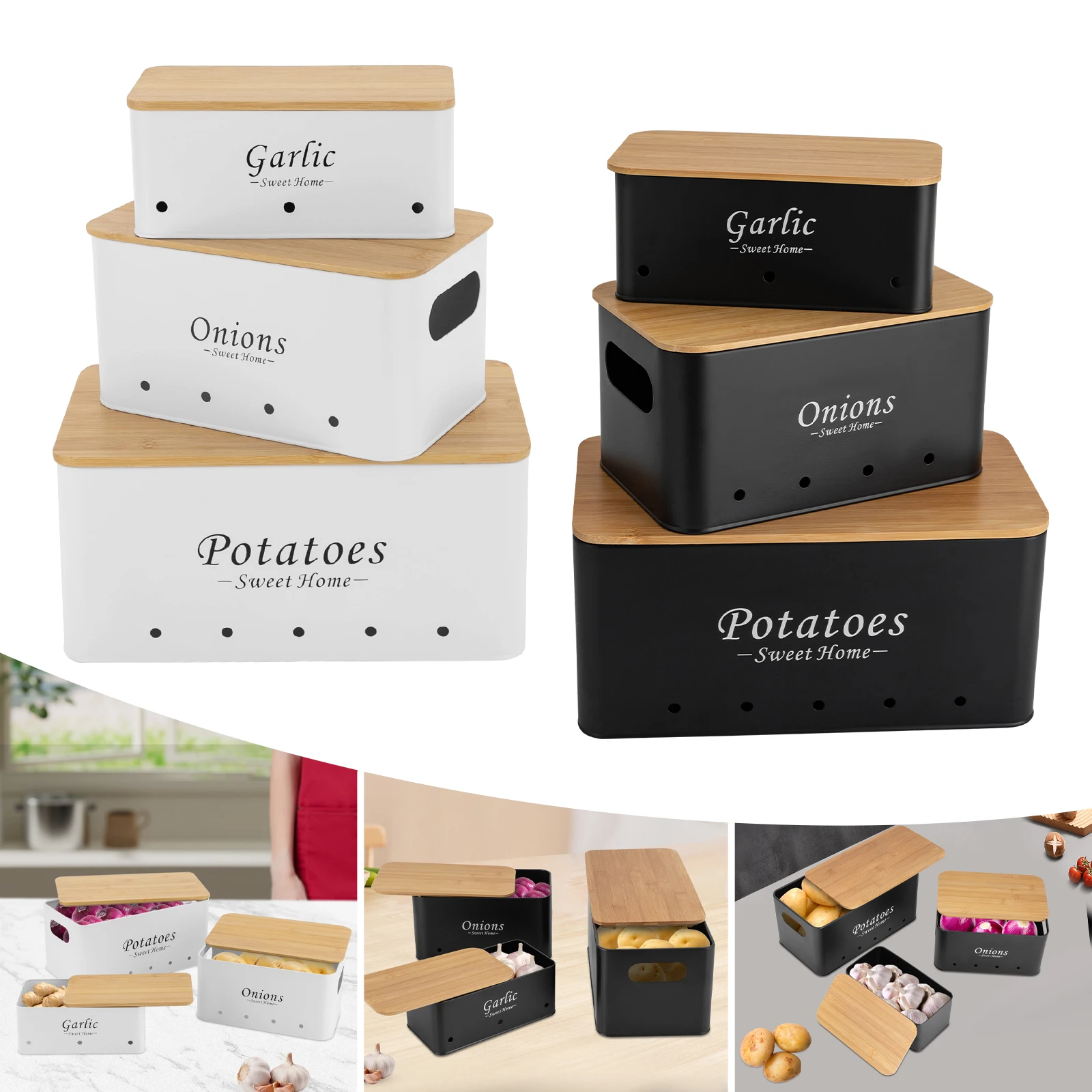 Container-Sets, Aufbewahrungsorganisator für Zwiebeln/Kartoffeln/Knoblauch, 3-teilige Aufbewahrungsbox, Schwarz/Weiß – Detail 1