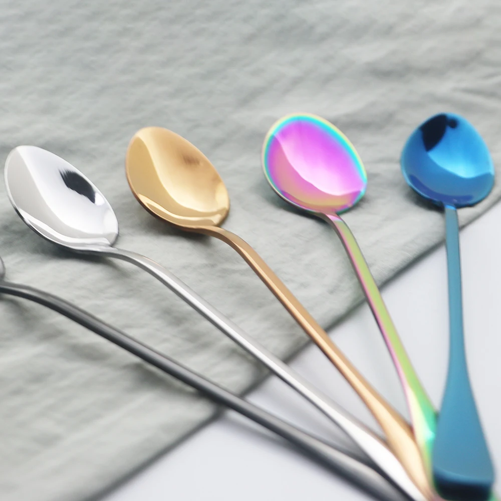 4Pcs Blue Long Handle Spoon Cutlery Set Stainless Steel Dinnerware Dessert Ice Cream Coffee Spoon Stirring Party Tableware