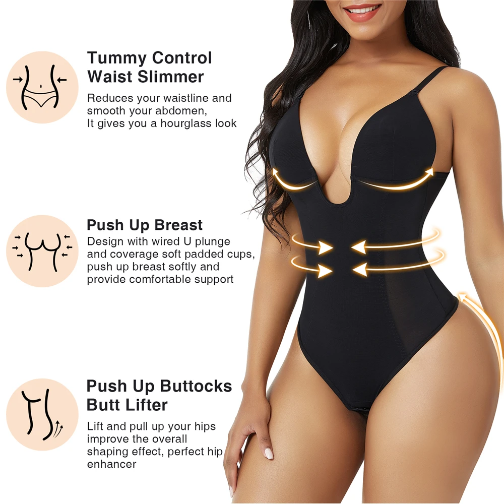 Thong Shapewear Bodysuit for Women Tummy Control Body Shaper V Plunge Lace  Fajas Colombianas Waist Trainer