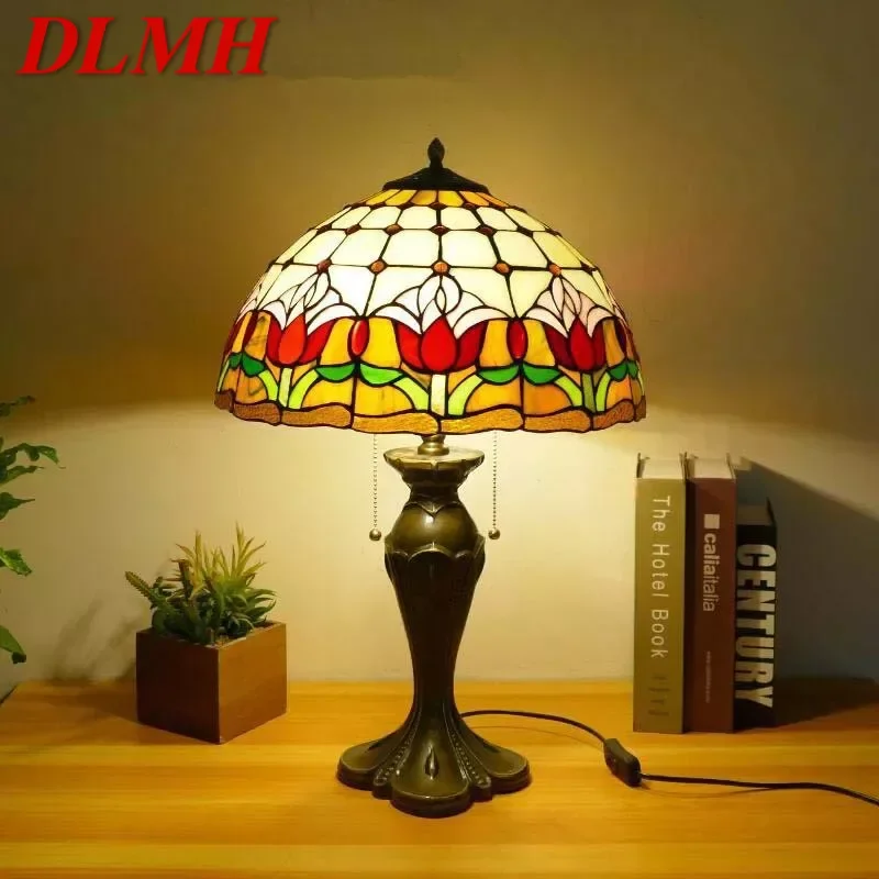 

DLMH Tiffany Table Lamp American Retro Living Room Bedroom Lamp Luxurious Villa Hotel Stained Glass Desk Lamp