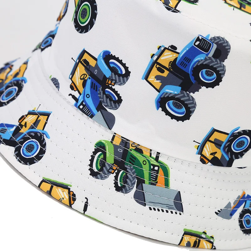 Outdoor Sun Hat Bocca Children Cartoon Bucket Hat Pattern Fisherman Hats Bulldozer Toy Panama Cap Boy Kids 54cm Double Sides Sunscreen