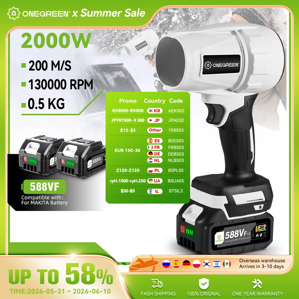 ONEGREEN 2000W Electric Turbo Blower Jet Fan 200M/S Handheld Air Blower Violent Blowing Tool For Makita 18V Battery Pin