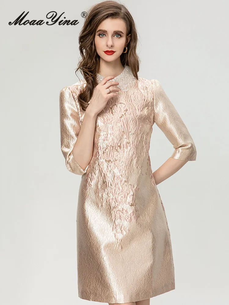 

MoaaYina, Осеннее модное дизайнерское винтажное жаккардовое платье цвета хаки, женское свободное повседневное мини-платье трапециевидной формы с отворотом и бисером, праздничное Вечерние