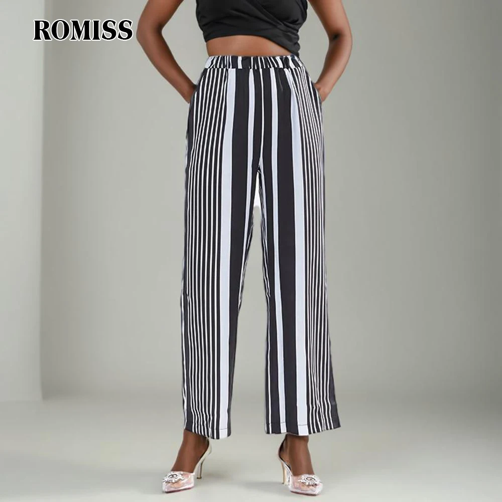 

ROMISS Striped Wide Leg Trousers For Women High Waist Colorblock Straight Long Pants Female Autumn Clothing Fashion