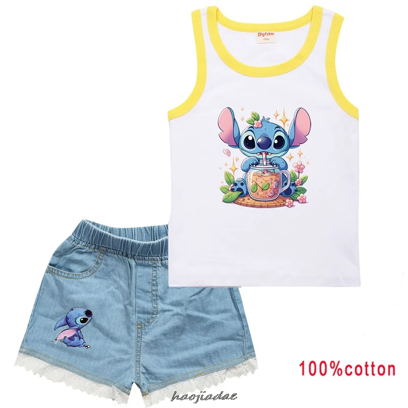 

Hot Lilo And Stitch Clothes Toddler Girls Casual Outfits Boys Summer Clothing Kids Cotton T-shirts Vest + Denim Shorts 2pcs Sets