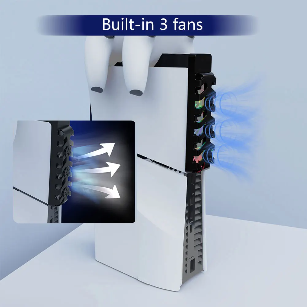 저소음 쿨러 선풍기 듀얼 컨트롤러 충전기 스테이션, RGB 조명 포함, PS5 슬림 콘솔 및 컨트롤러용 효율적인 냉각 시스템