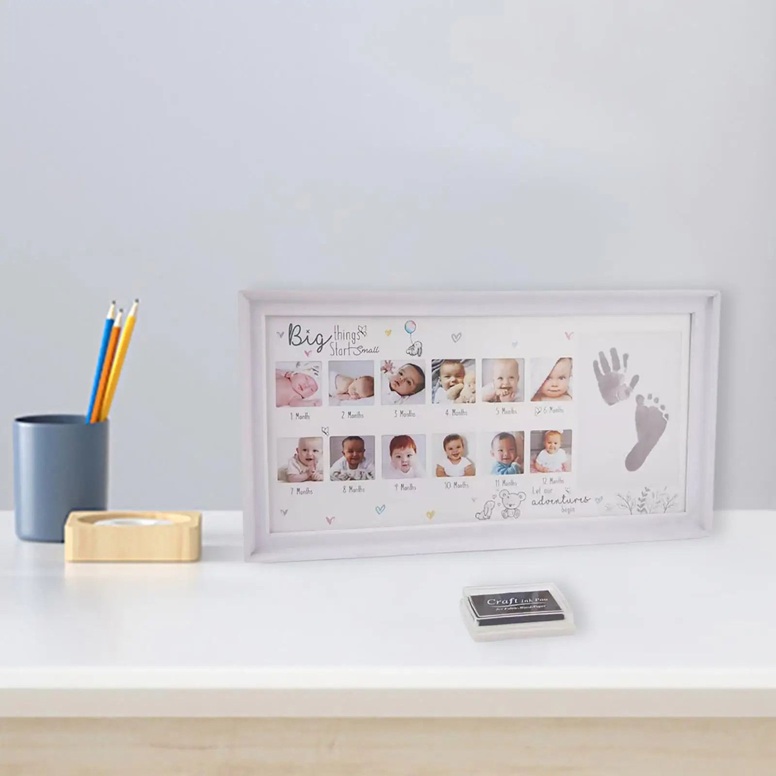 Baby Photo Frame Newborn DIY 0-12 Month Kids Gift My First Year Baby Shower Picture Frame with Ink Pad Footprint Handprint