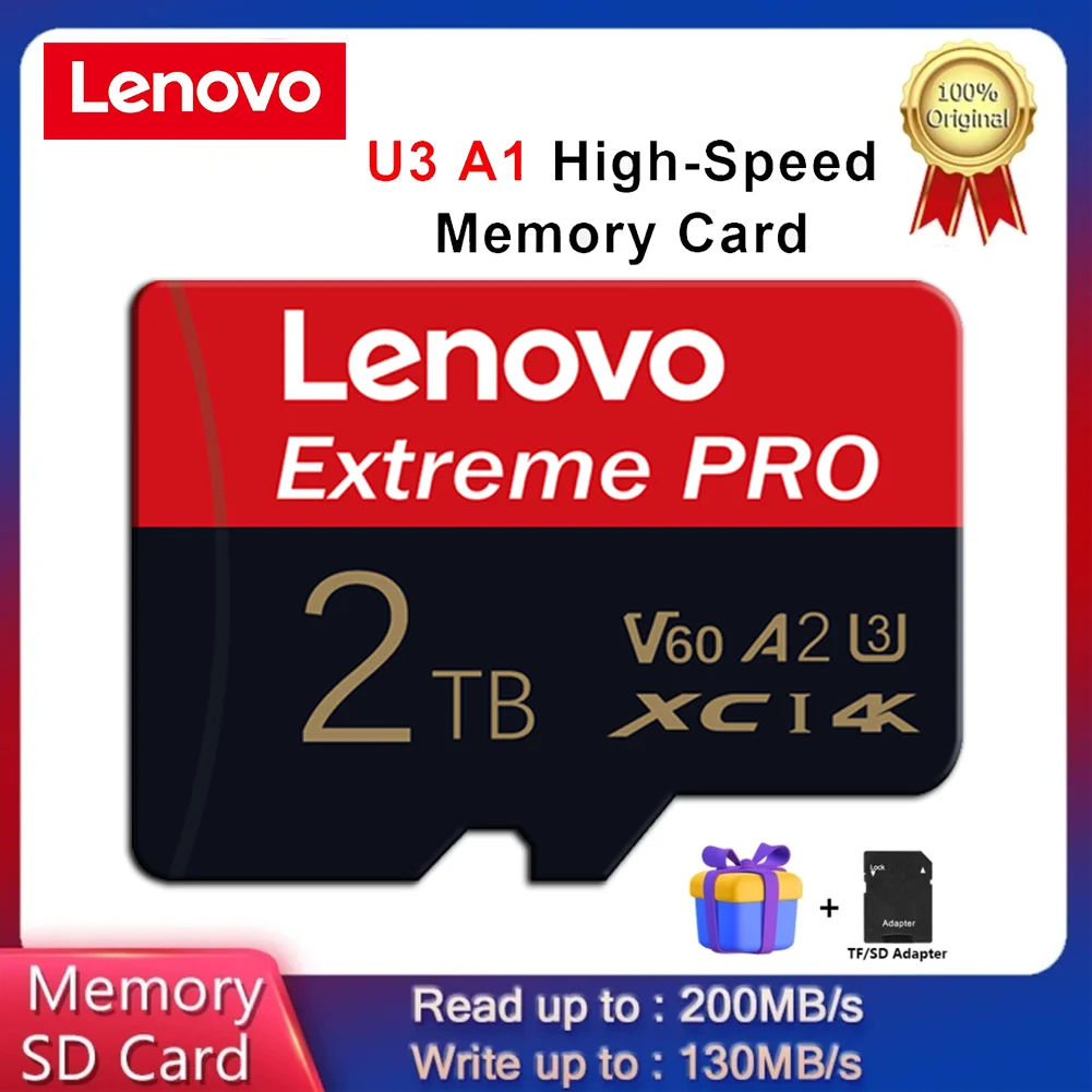 Lenovo 2TB 512GB Micro TF SD Memory Card High Speed Class 10 U3 V30 A1 for 4K Video Camera Durable & Waterproof memory card