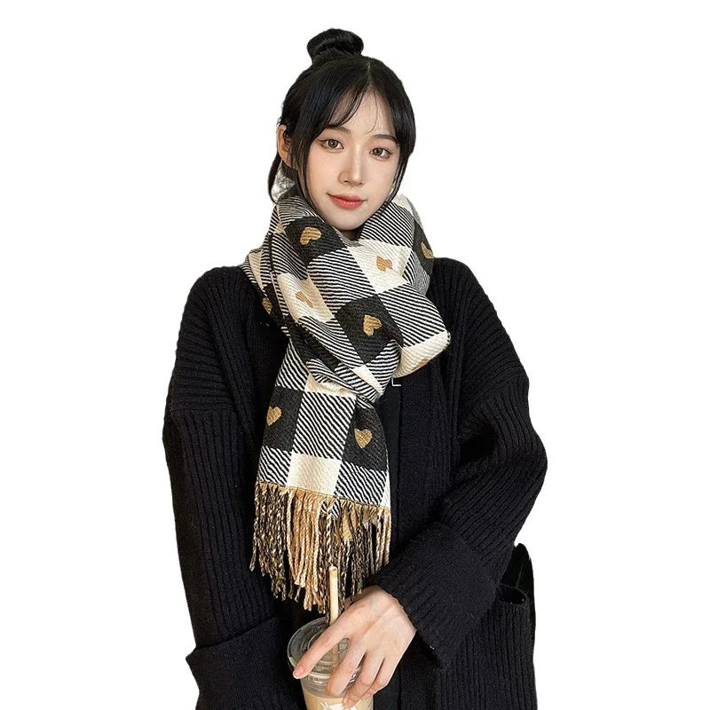 Fall Winter Imitation Cashmere Women's Double-sided Love Plaid Scarf Korean Tassel Warm Large Shawl Versatile Thick Wrap 2025 ﻿ 5