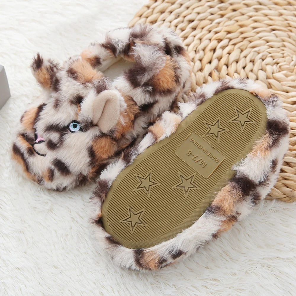 ToddlerGirl Slippers Boy Cartoon Leopard Plush Warm Shoe Kid Winter House Shoes Soft Rubber Sole Home Indoor Footwear Baby Items 2