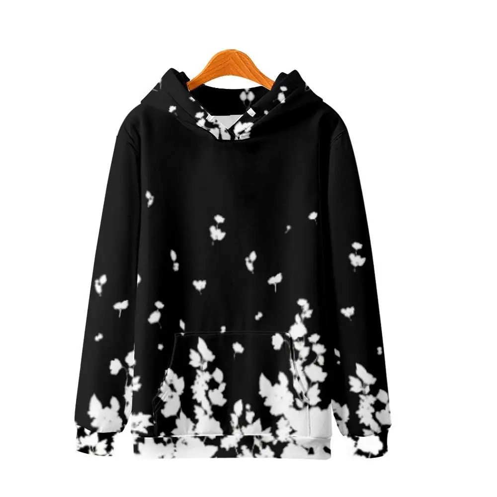 

Casual White Floral Printed Black Long Sleeve Pullover Autumn Couple Women Men Hoodies Harajuku Sweatshirt