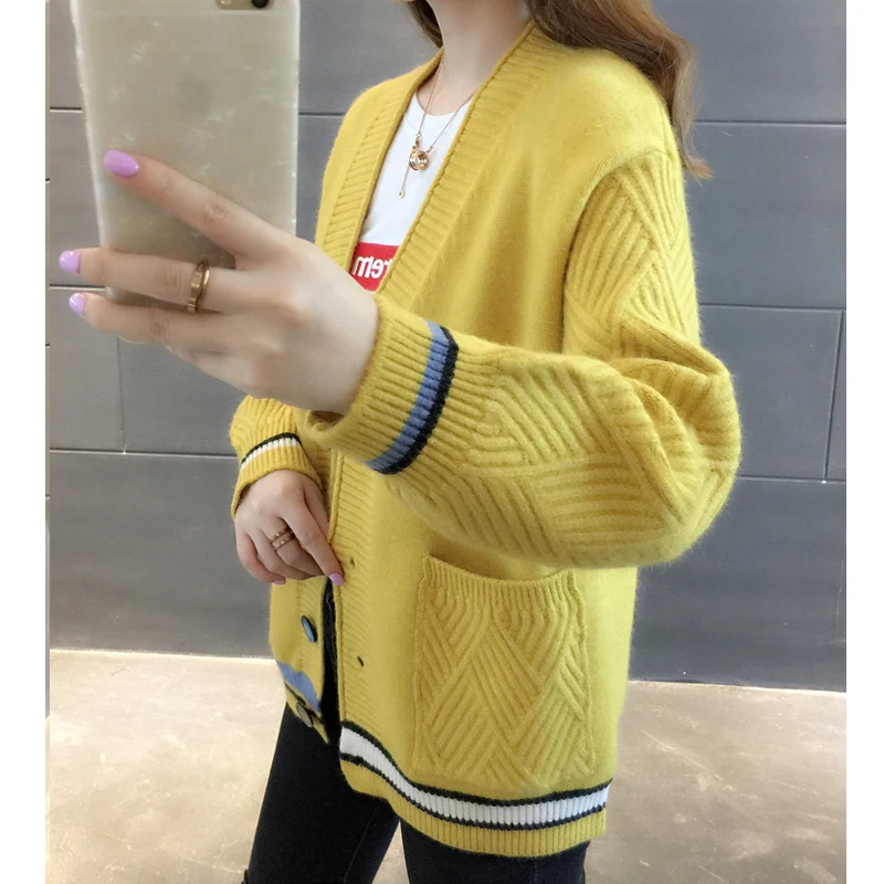 New Autumn and Winter Women's Clothing Contrasting Colors Women's V-neck Sweater Casual Loose Cardigan Single-breasted Knitwear