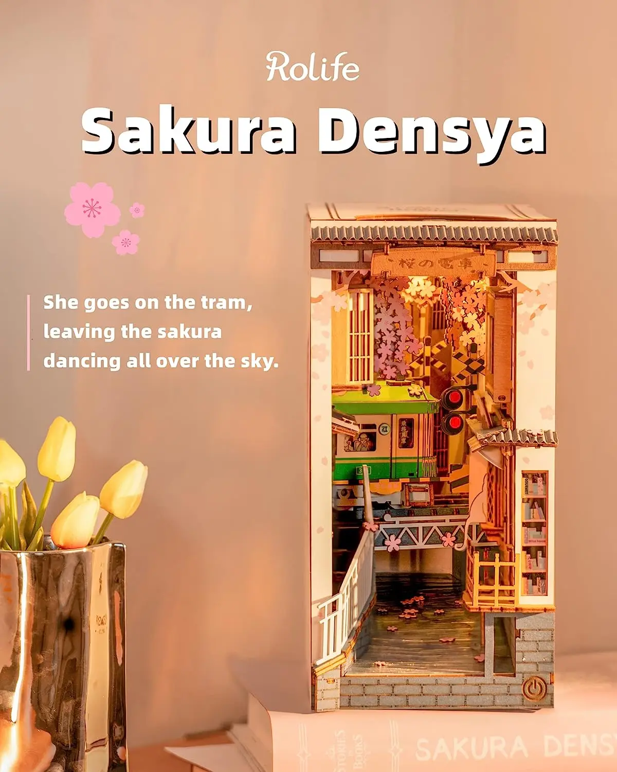 Robotime Rolife DIY Book Nook Japanese Sakura Densya in Books Series Wooden Miniature House with Furniture Doll House Kits Toy 2