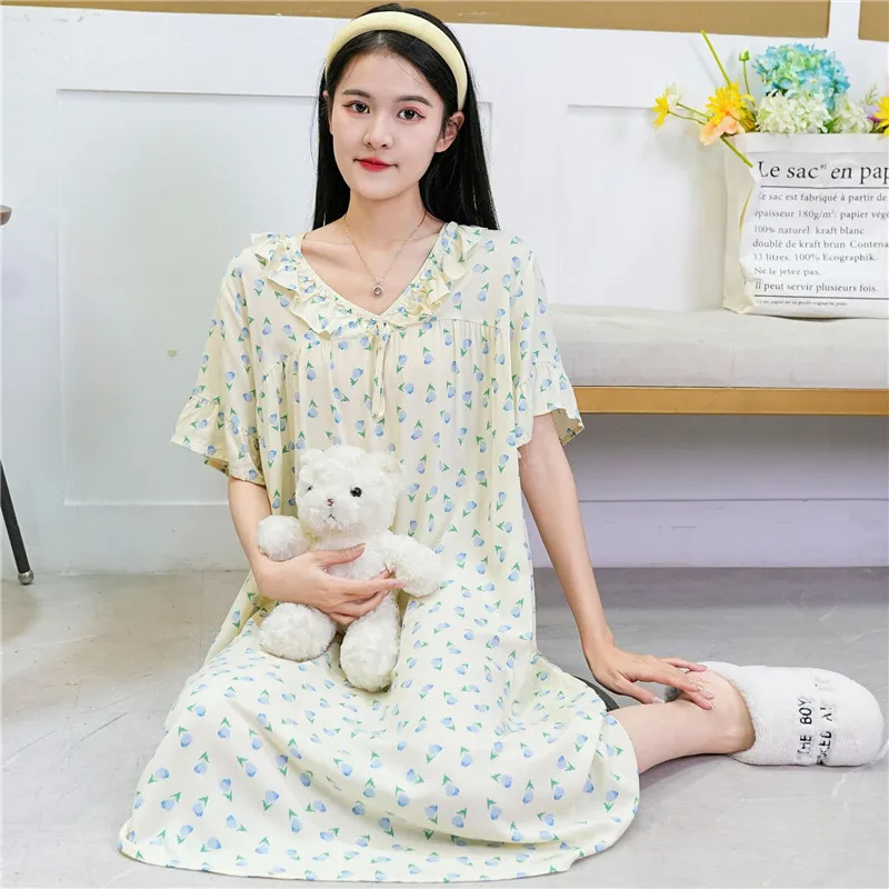 Loose Comfortable Sleepwear Cotton Rayon Night Dress Women New Casual Printed Nightgowns Female Summer Home Wear Nightshirt