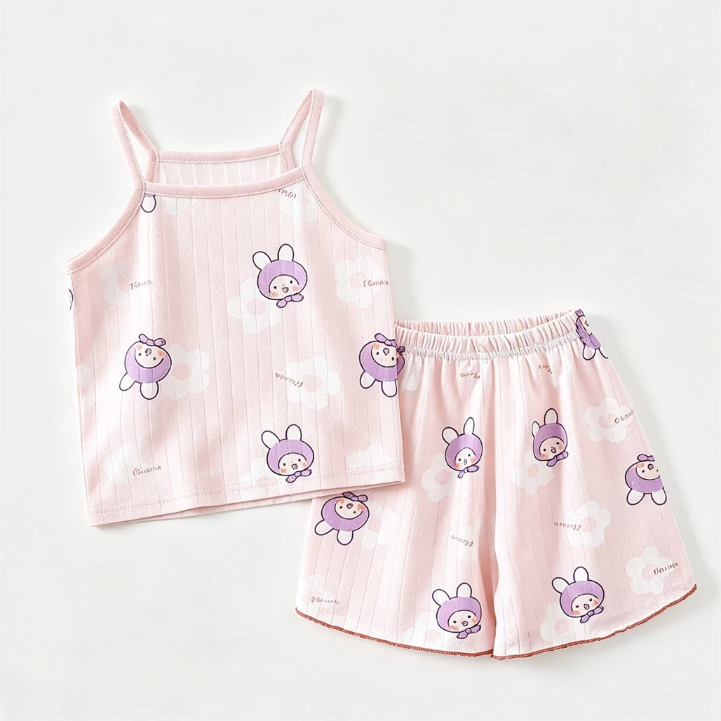 Girls Sleepwear Suits Sling+Shorts 2Piece Set Full Print Sleeveless Tops Thin Loose Pajamas Infant New Cute Summer Home Wear - 4