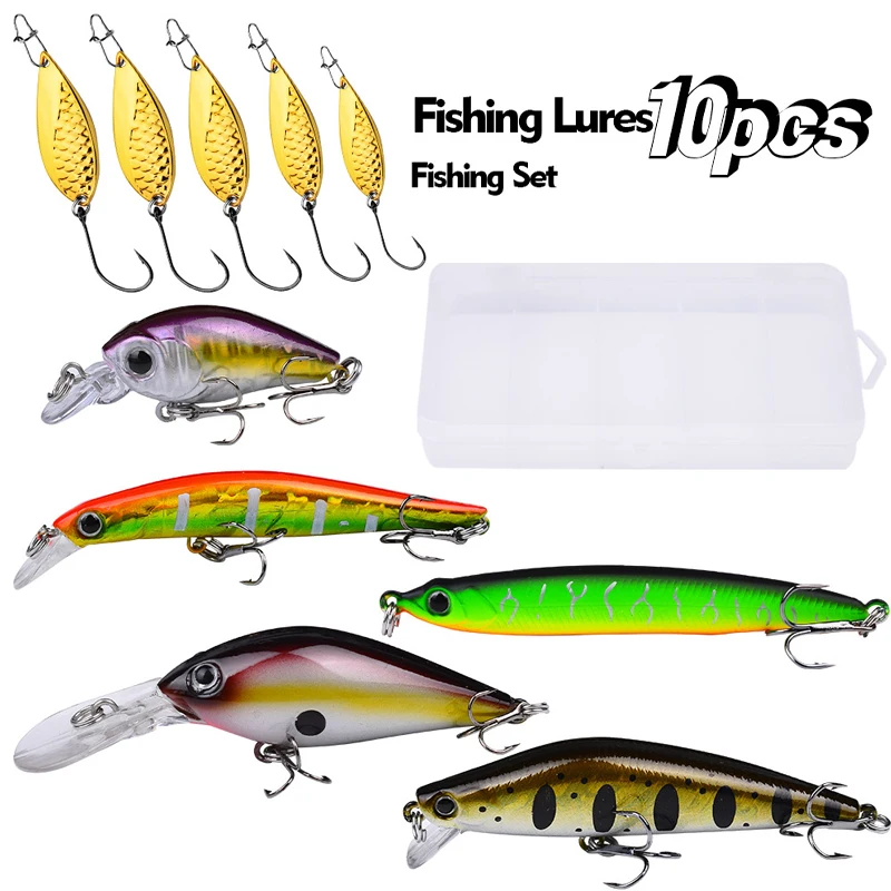 

Набор рыболовных приманок Minnow, воблеры с 3D-глазами, прочные тройные Крючки для ловли форели, окуня, набор рыболовных приманок из 10 шт.
