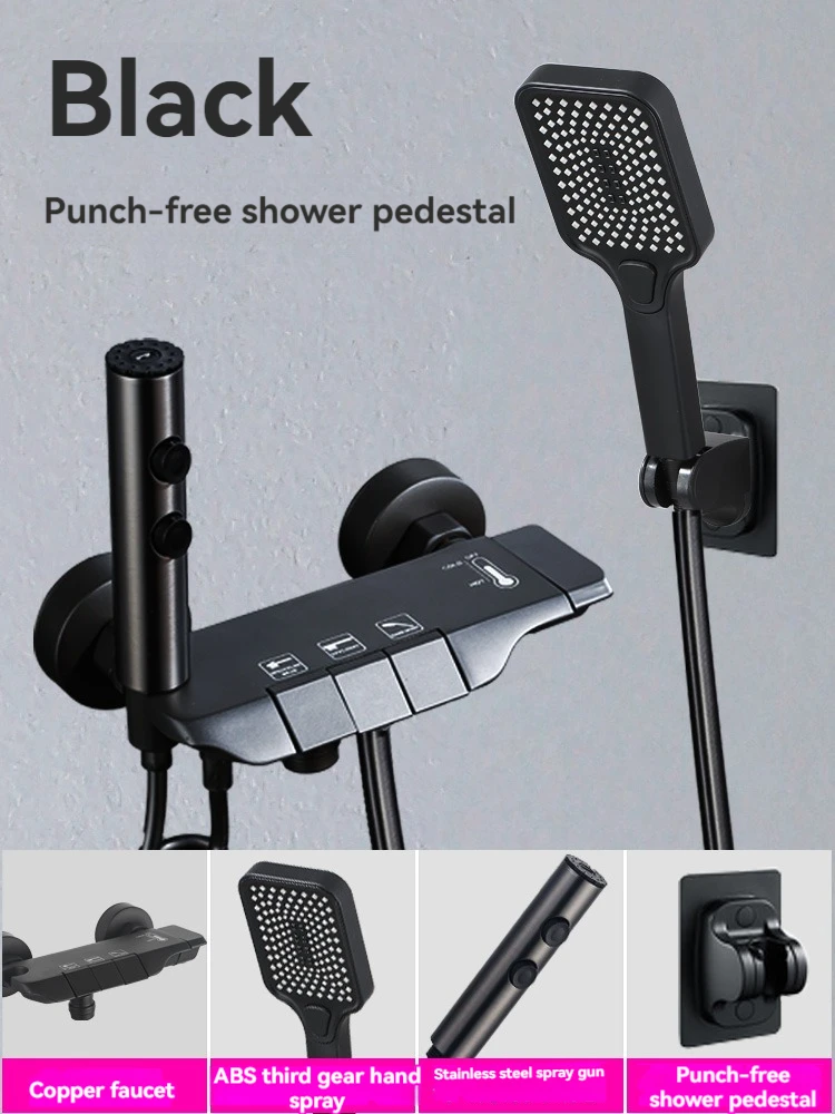 shower Faucet Sets Key Piano Button Bathroom Sets Gun Grey Thermostatic Shower System with Handheld and Body Jet Massage 5