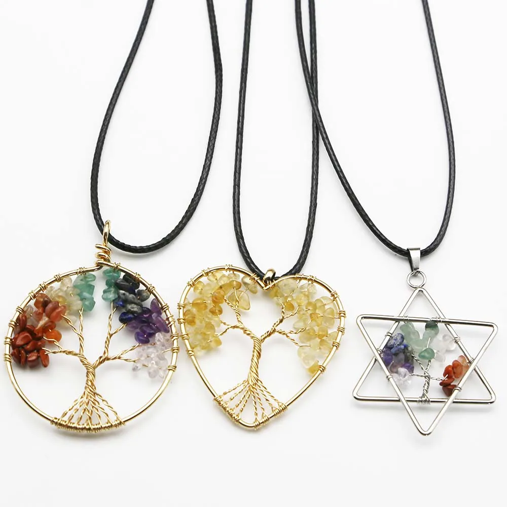 Natural Colorful Stone Crystal Fortune Life Tree Pendant Leather Rope Necklace Reiki Charm Fashion Jewelry Accessories Gift 6Pcs