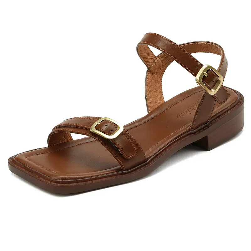 

Женские босоножки в стиле ретро, выразительные туфли-лодочки из натуральной кожи на низком каблуке, обувь с пряжкой в римском стиле, брендовые, на лето
