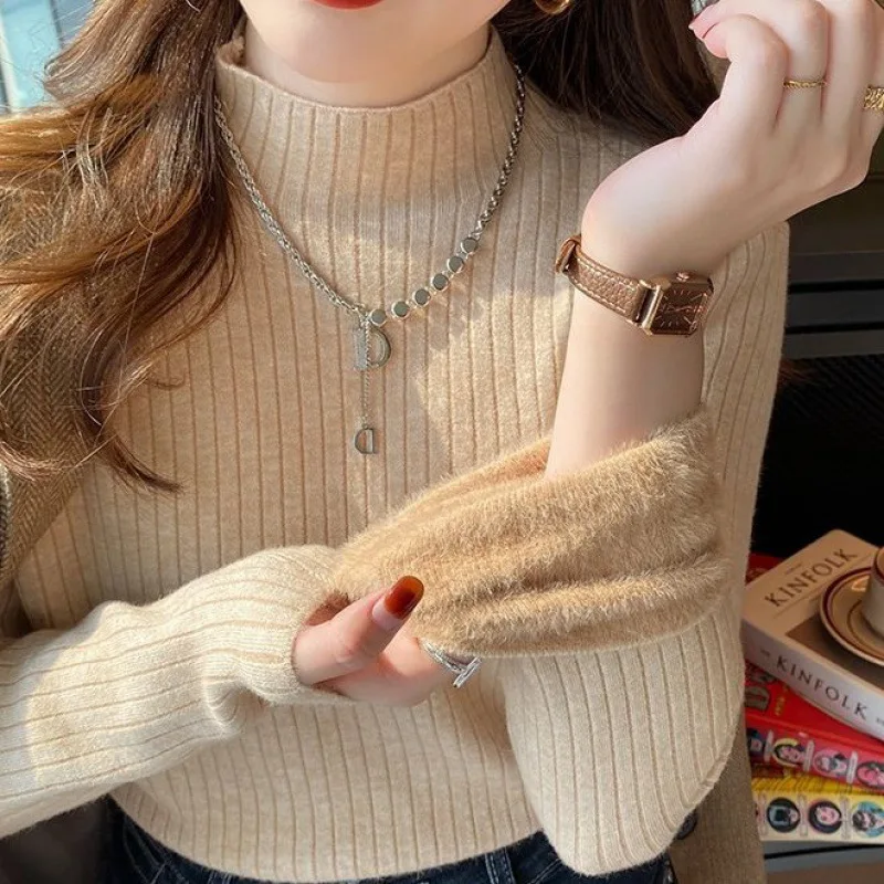 

2024 Women's Solid Color Semi-high Neck and Fluff Dress Female Autumn and Winter Thickened One Body Velvet with Knitwear Female