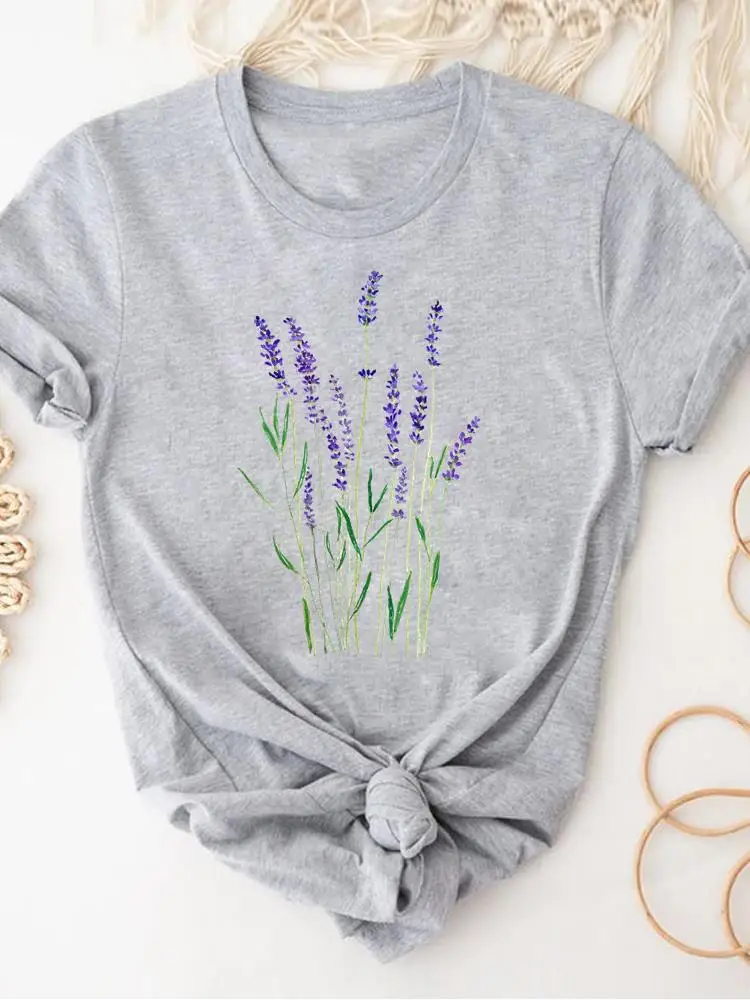Women Clothing Print Gray T Shirt Short Sleeve Summer Top Plant Flower Trend Fashion Clothes Basic Tee Graphic T-shirt