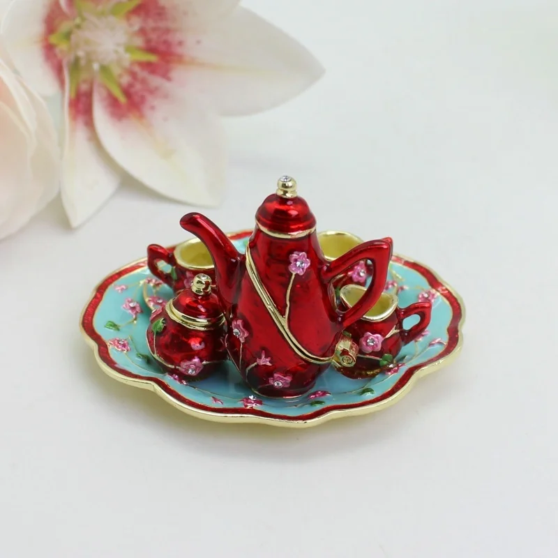 SHINNYGIFTS Marokkanisches Teekannen-Set, Schmuck-Schmuckkästchen, aufklappbar, handbemalt, Emaille, geschätzen Schmuckstücke, Sammlerstück, Schmuckschatulle, Ring – Detail 4
