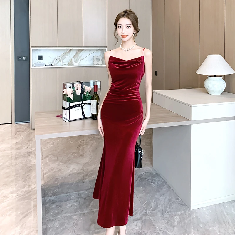 

Красное бархатное платье-комбинация, длинное вечернее платье с разрезом, элегантное темпераментное роскошное платье, приталенное платье-рыбий хвост, деловая одежда для торжественных случаев