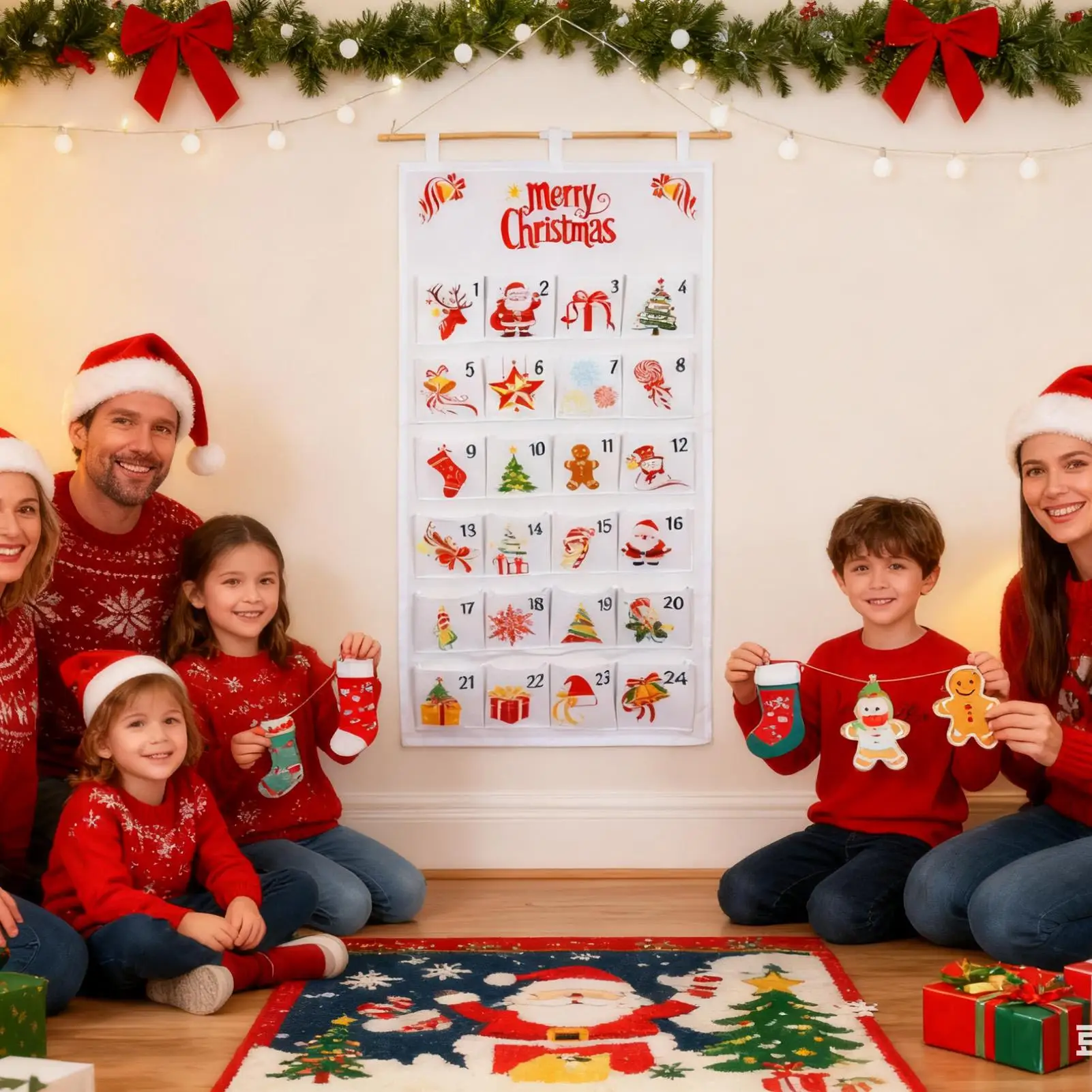 Calendar Advent with Pockets 24 Day Christmas Storage Bag Hangable Fabric Calendar for Living Room Classroom Kindergarten