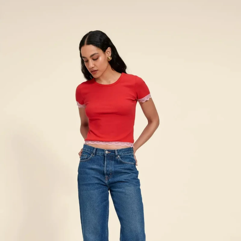 

2023 Spring and Summer New Dress Lace Stitching Short-sleeved Round Neck Women's T-shirt